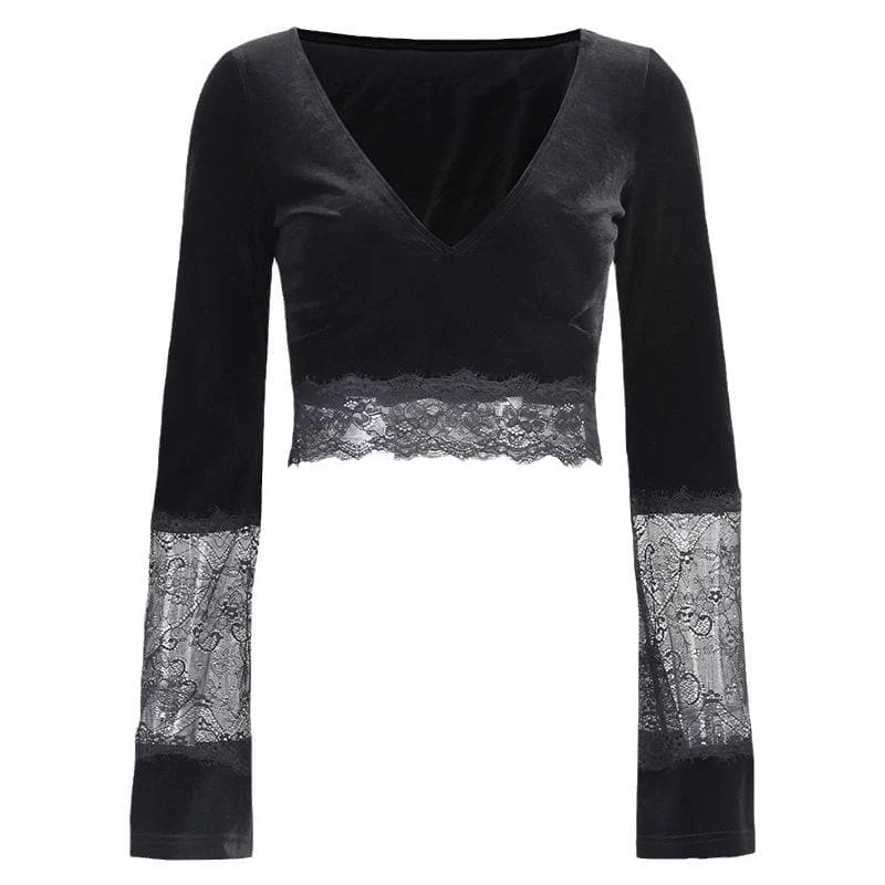 Lace patchwork v neck solid velvet long flared sleeve crop top