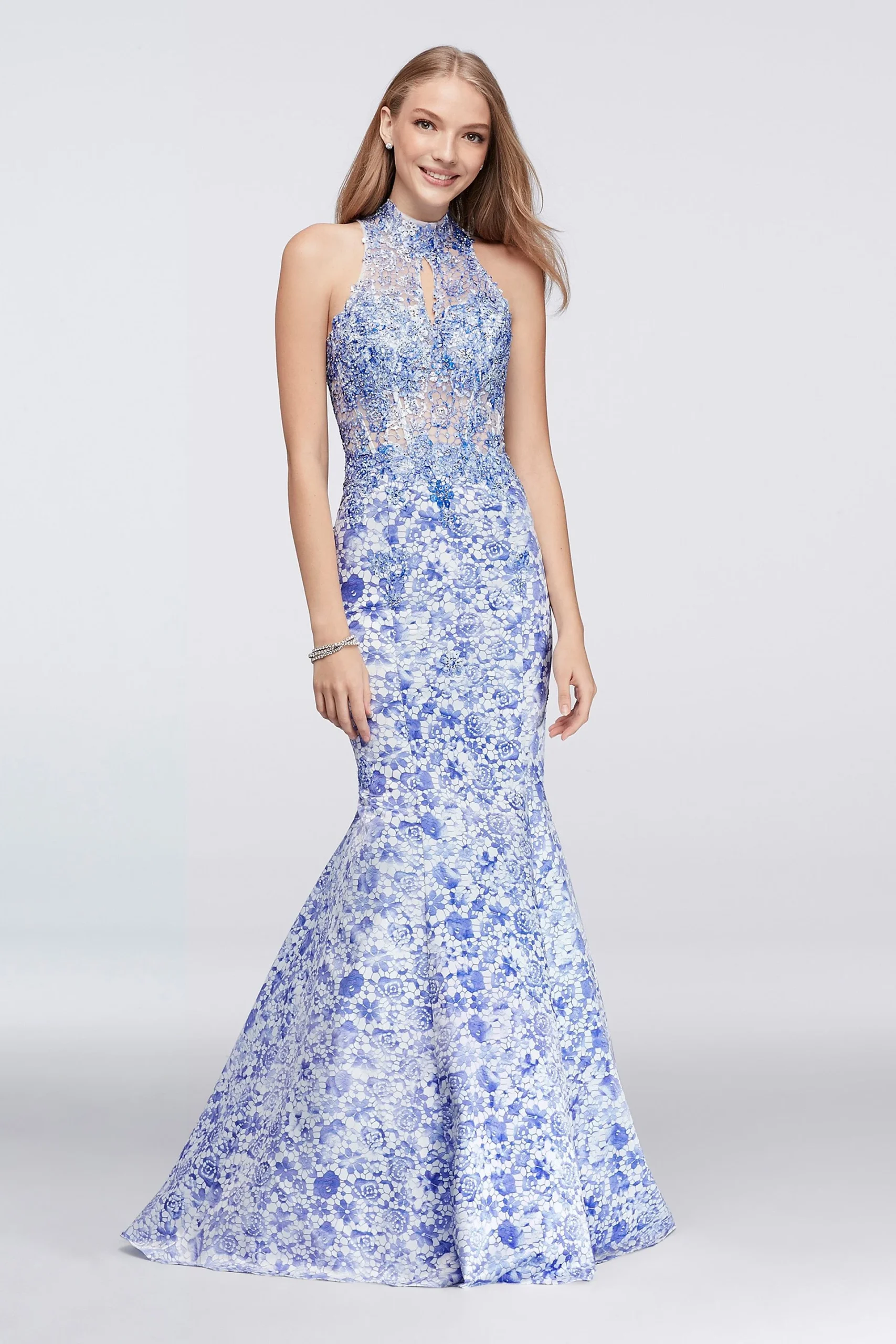 Lace-Print Mermaid Dress with Beaded Appliques