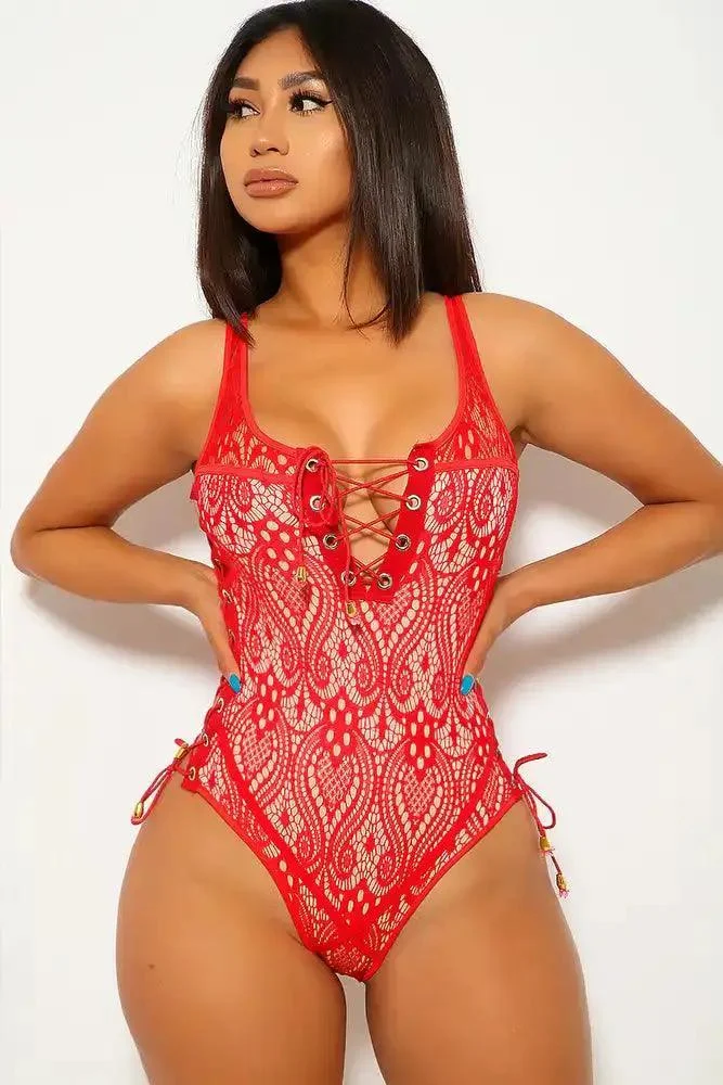 Lace Red Beige Lace-Up One Piece Swimsuit