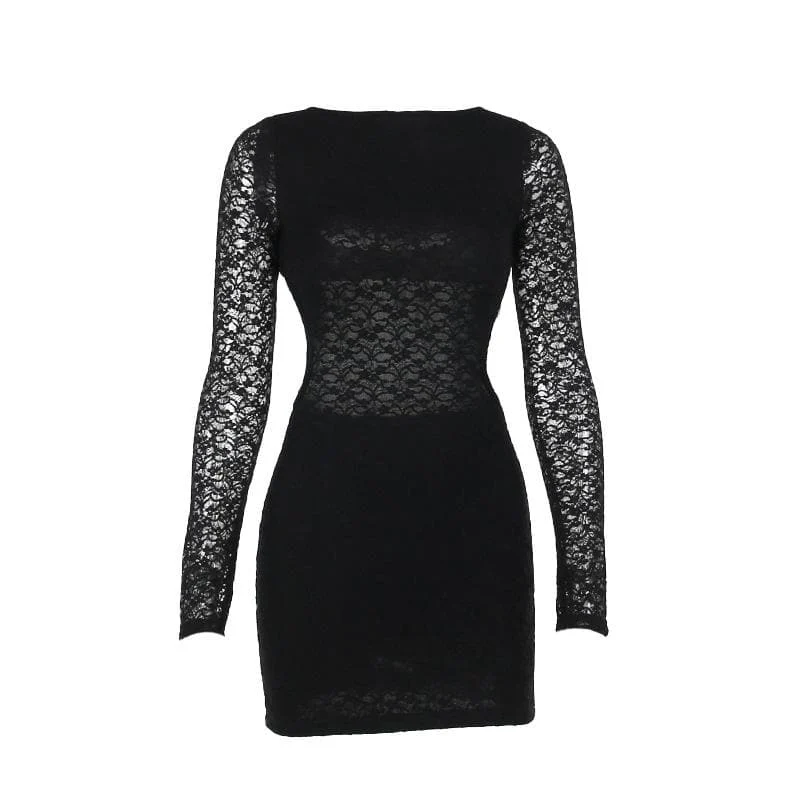 Lace solid long sleeve backless hollow out self tie mini dress