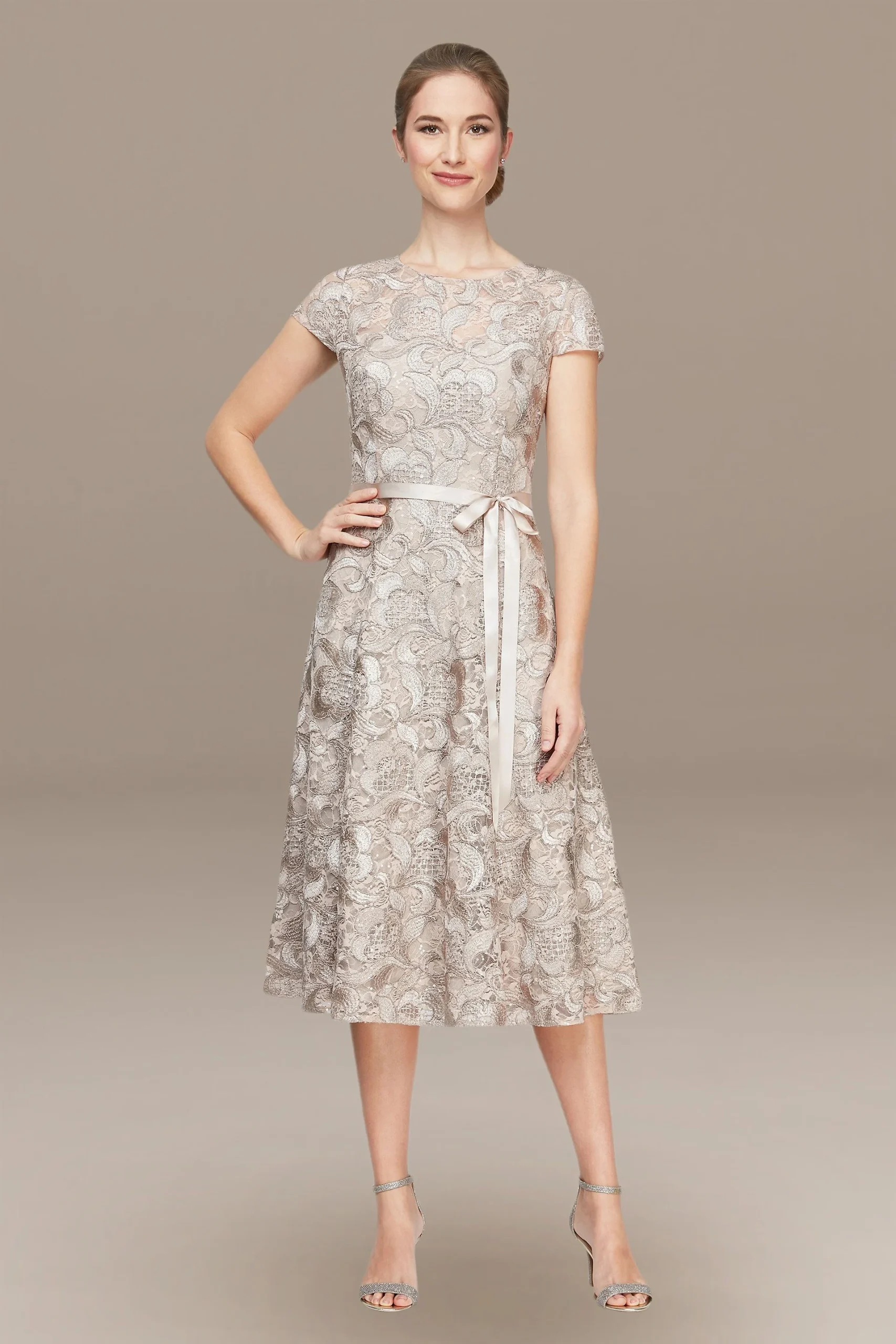 Lace Tea-Length A-Line Dress with Cap Sleeves
