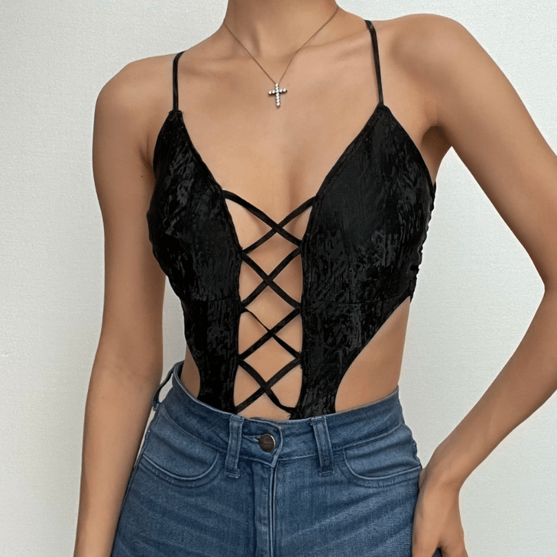 Lace up cross back backless self tie bodysuit