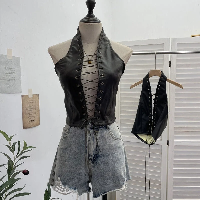 Lace up PU leather contrast halter buckle backless top
