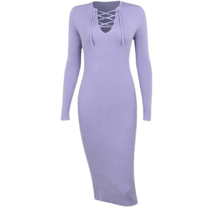 Lace up solid ribbed long sleeve notch neck mini dress