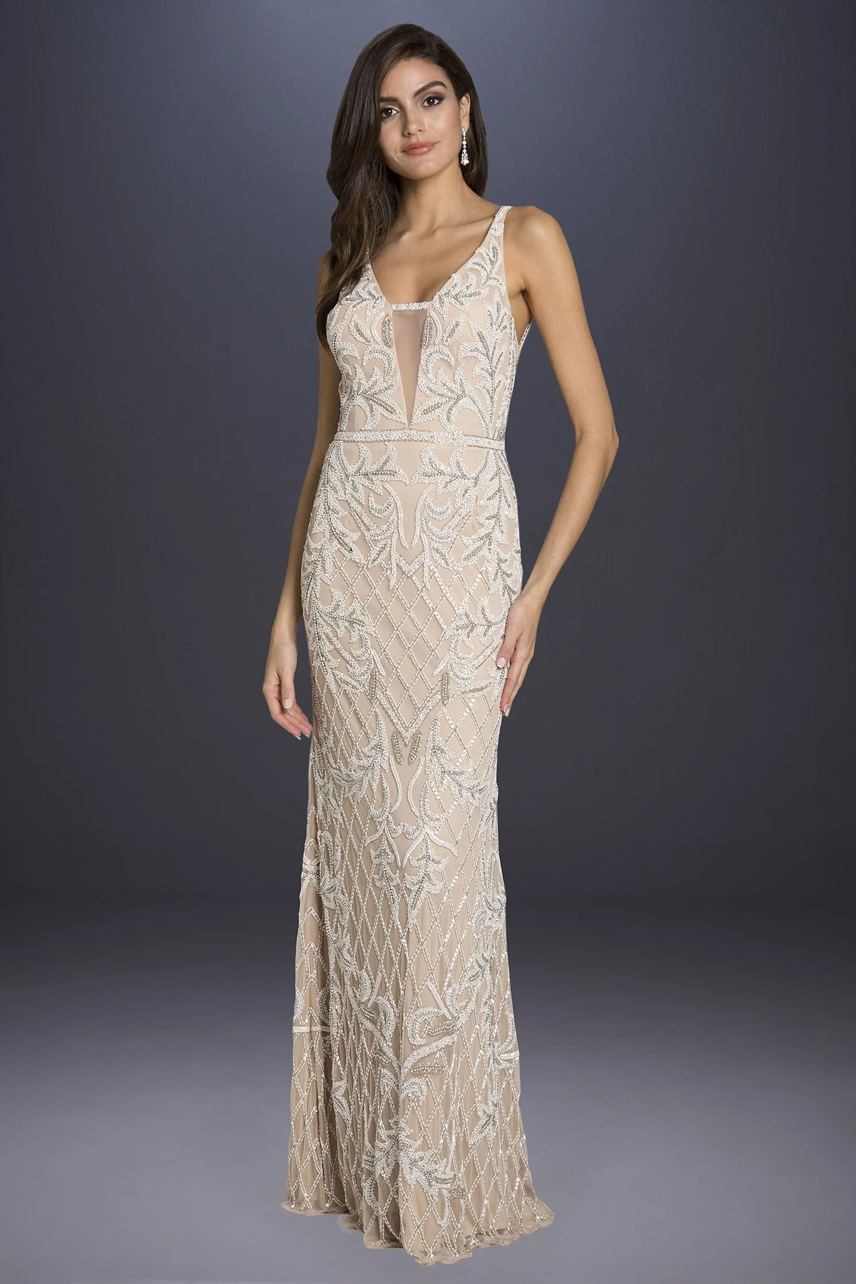 Lara Beverly Long Beaded Low-Back V-Neck Gown