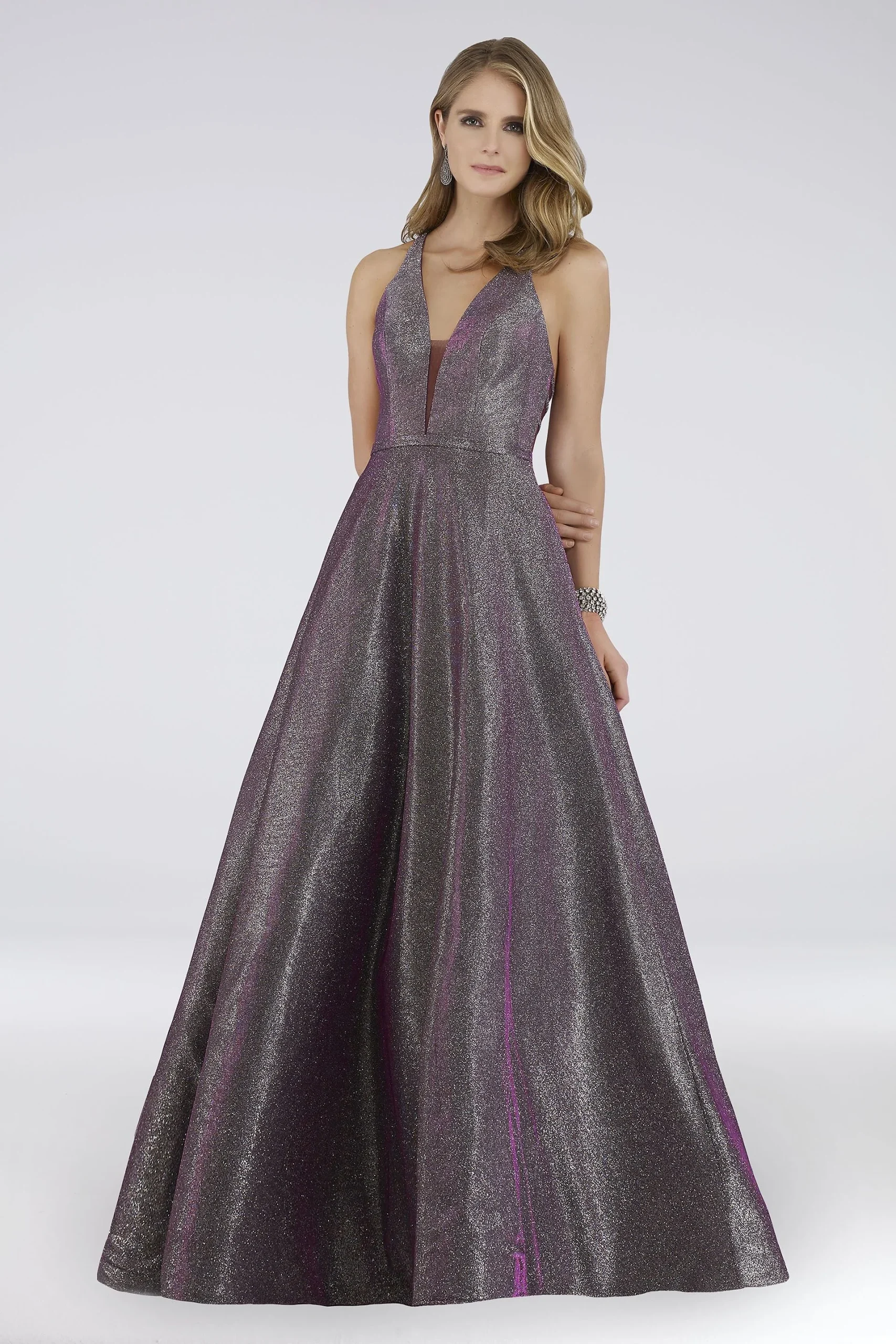 Lara Caroline Shimmer Plunging V-Neck Ball Gown