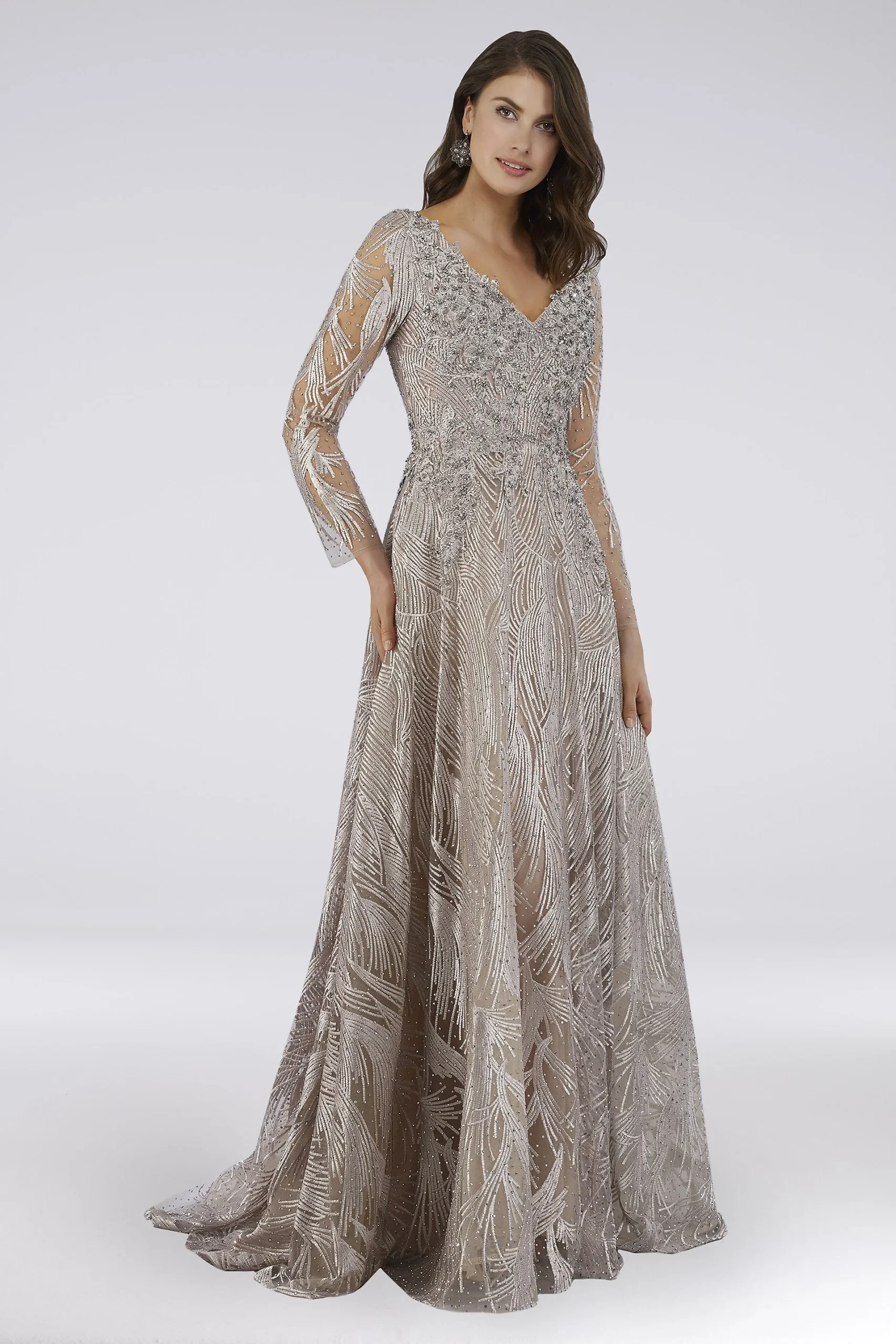 Lara Long Sleeve Beaded Lace V-Neck Ball Gown