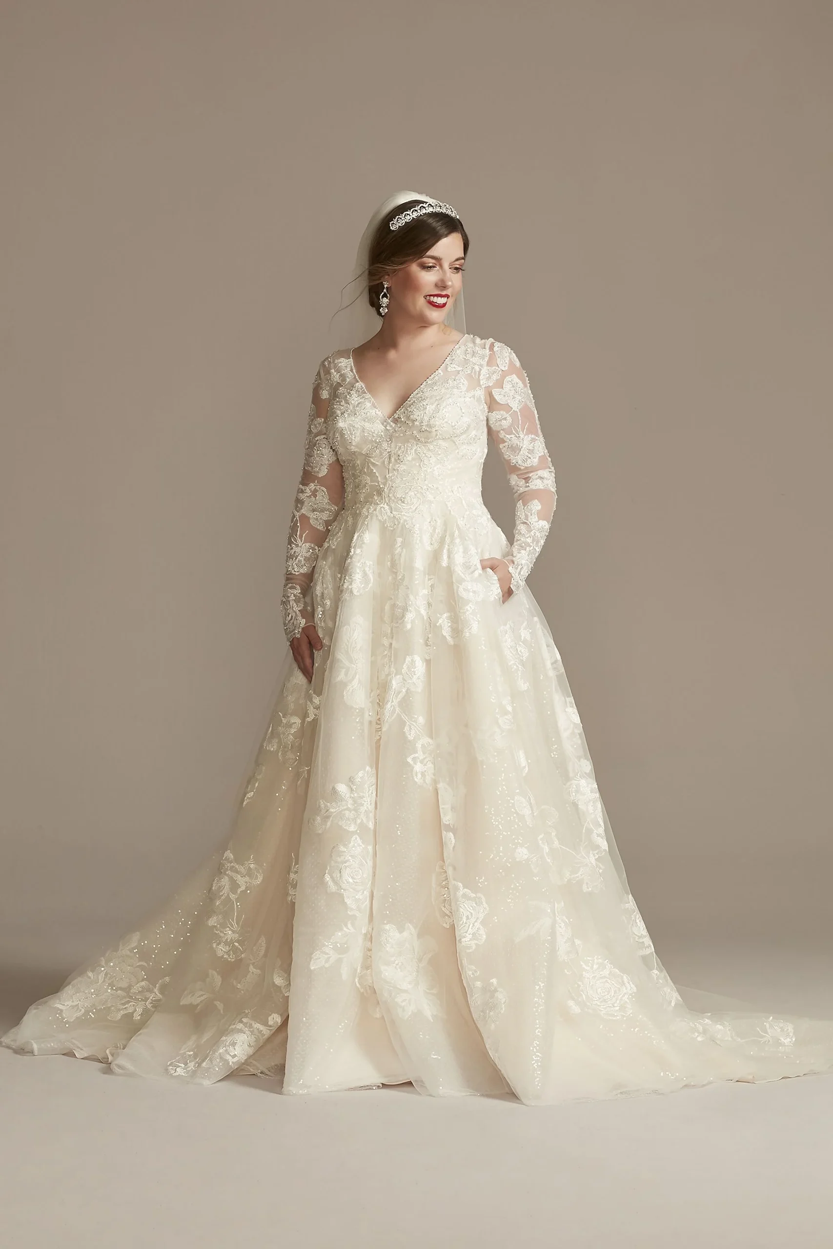 Large Floral Applique Beaded Strap Wedding Dress