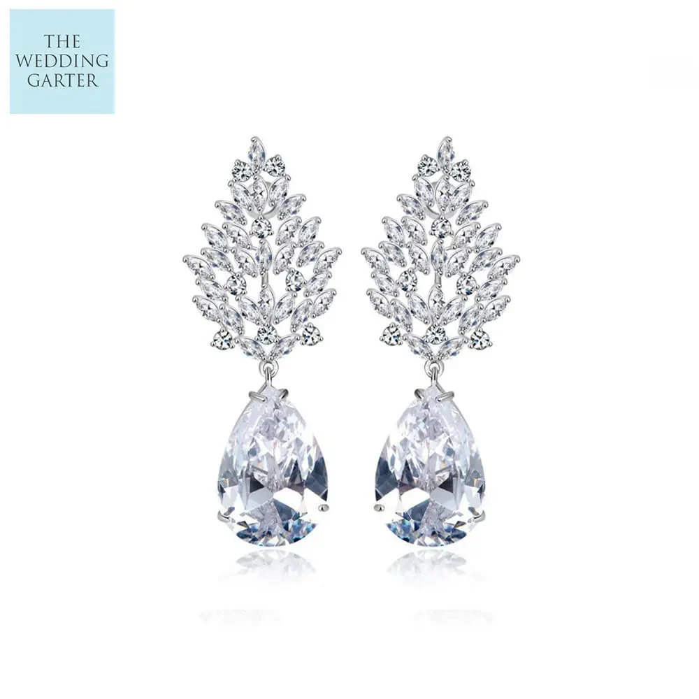 Large Pear Cubic Zirconia Long Chandelier Bridal Earrings