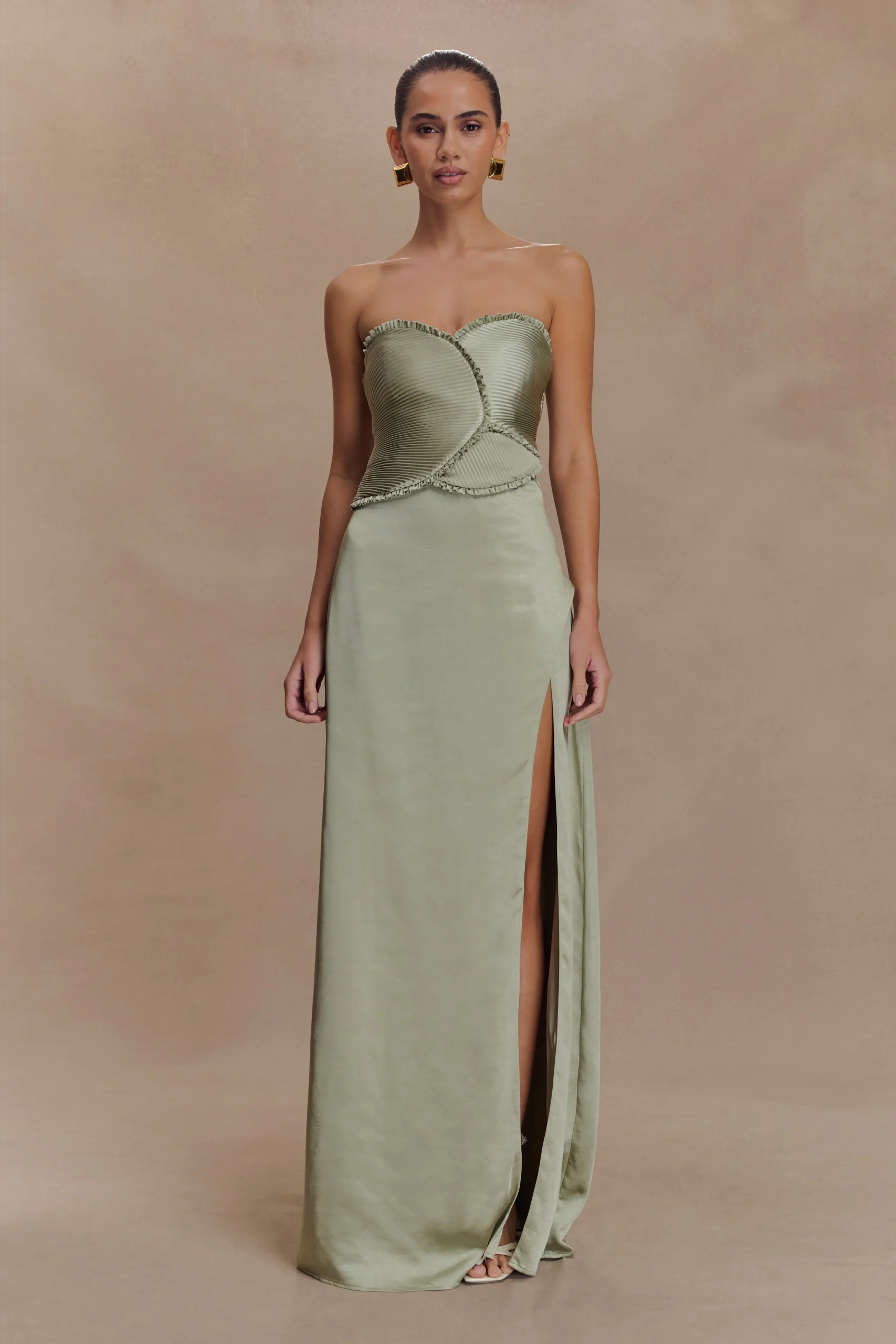 LarissaFINAL SALESatin Maxi Dress With Ruched Petals - Sage