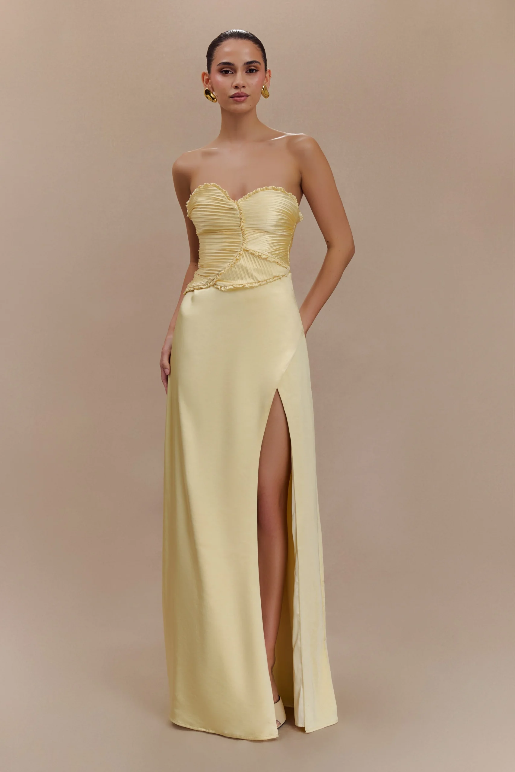LarissaSatin Maxi Dress With Ruched Petals - Lemon