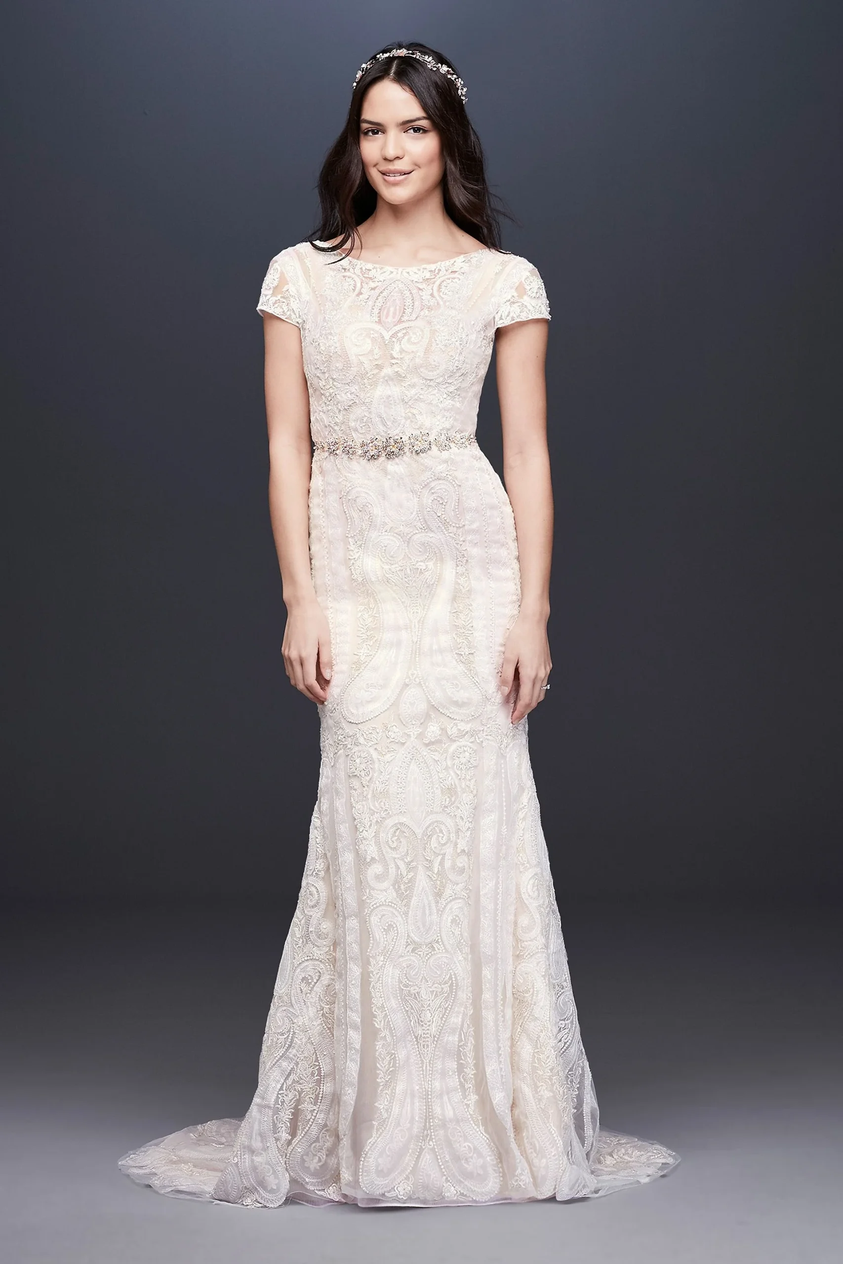 Laser-Cut Lace Illusion Cap Sleeve Wedding Dress