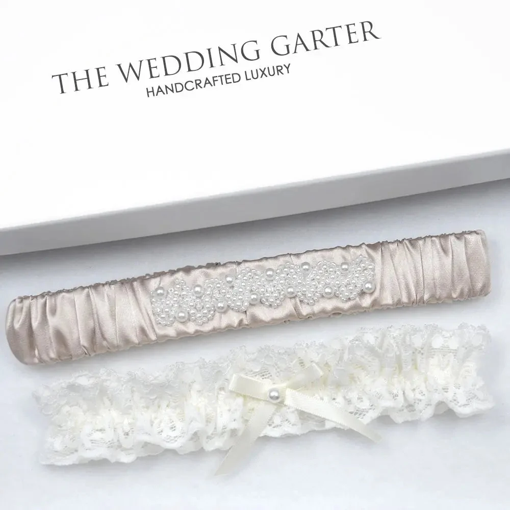 Laura Latte Nude Satin & Ivory Lace Wedding Garter Set