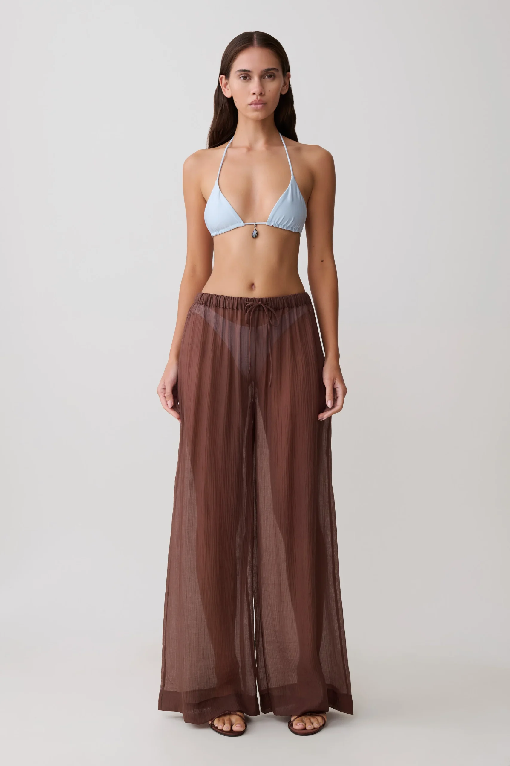 LeilaniSheer Drawstring Wide Leg Pants - Chocolate