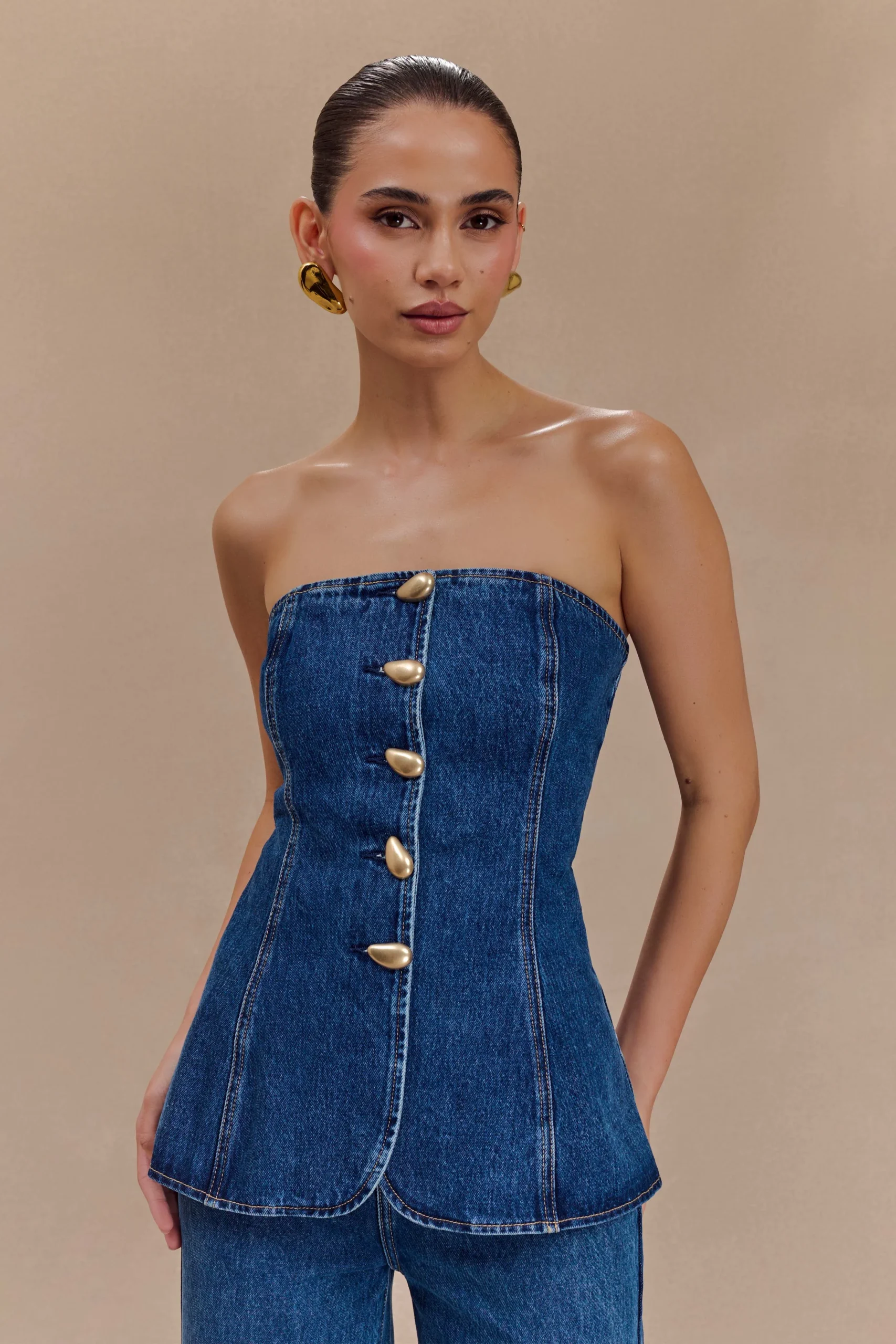 LennoxStrapless Long Line Button Top - Dark Blue