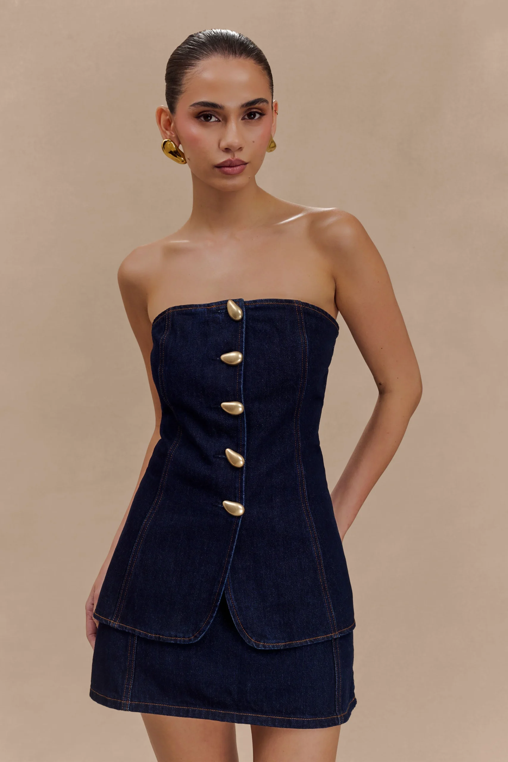 LennoxStrapless Long Line Button Top - Indigo Blue