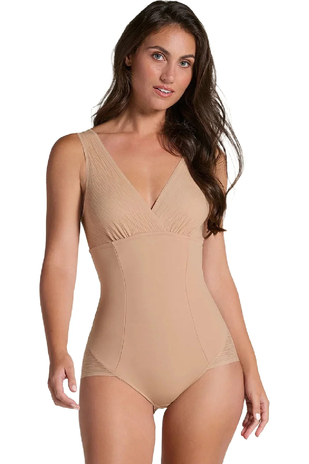 Leonisa Sheer Stripe Detail Sculpting Bodysuit, Golden Beige (018517)