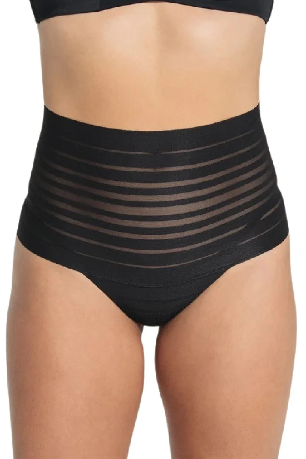Leonisa Slimming Lace Stripe High-Waisted Thong, Black (012890)
