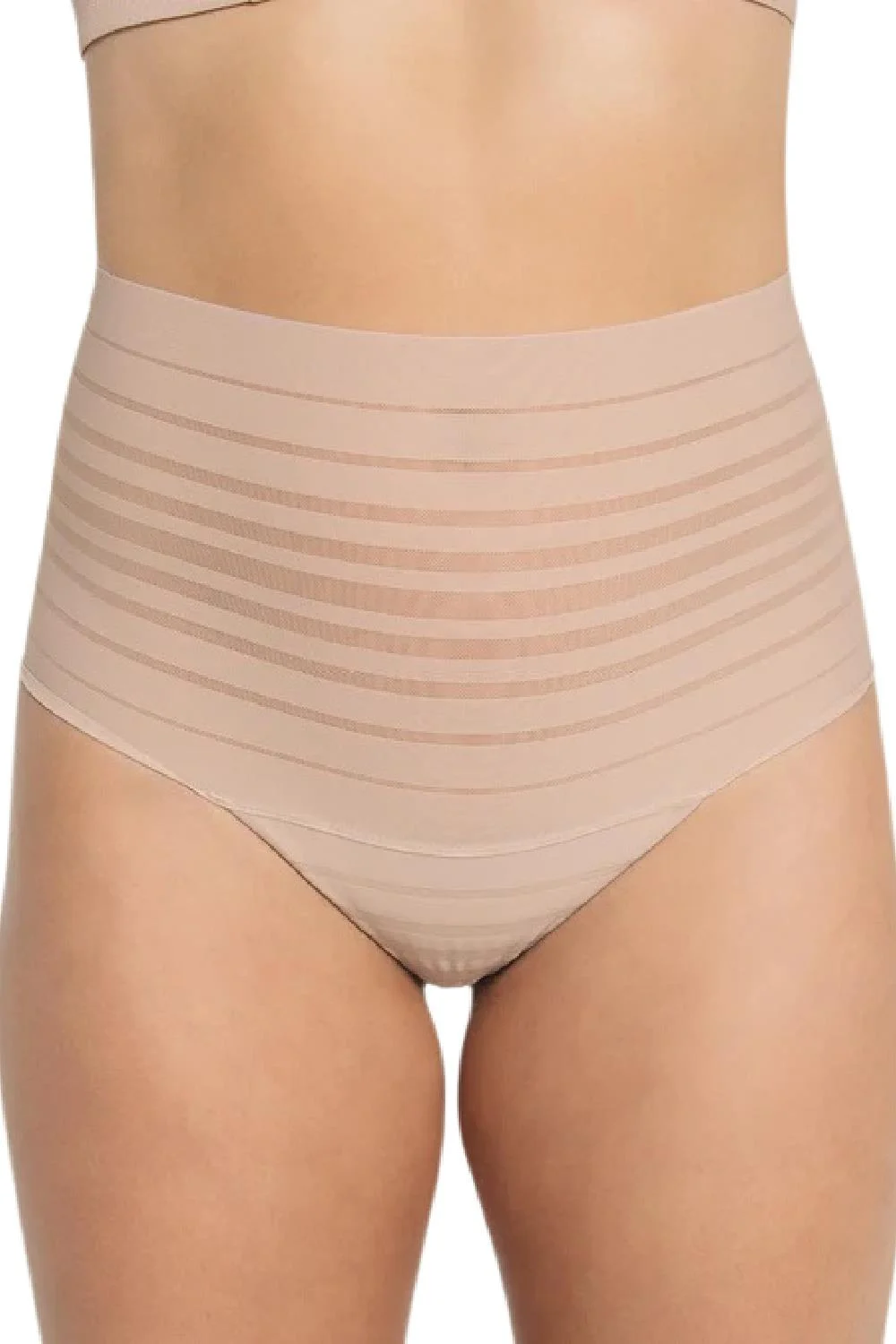 Leonisa Slimming Lace Stripe High-Waisted Thong, Nude (012890)