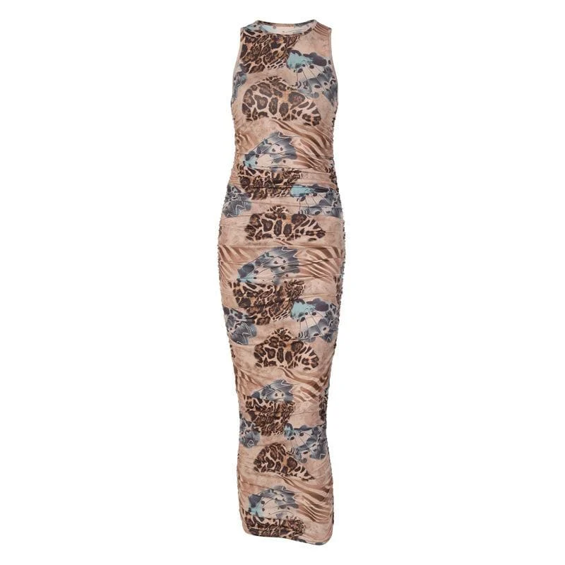 Leopard contrast print sleeveless midi dress