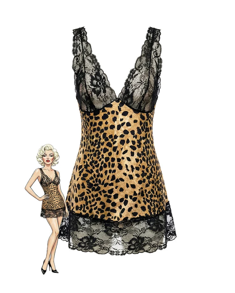 Leopard Print Lace Chemise Nightgown – Sheer V-Neck Sleep Dress