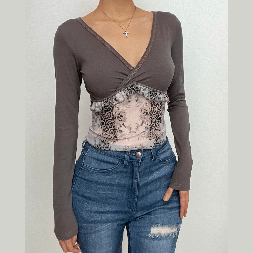 Leopard print mesh patchwork long sleeve v neck top
