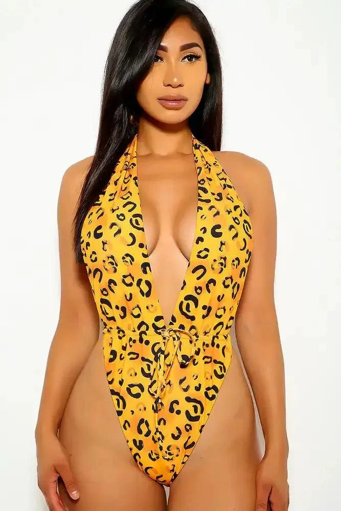 Leopard Print V-Cut One Piece Swimsuit
