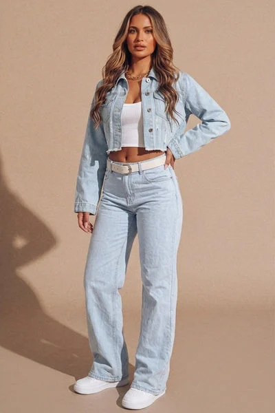 Light Blue Cropped Denim Jacket With Pockets - Desta