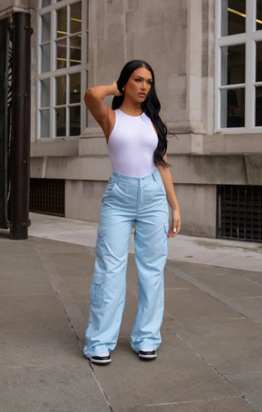 Light Blue Oversized Straight Leg Two Side Pockets Cargo Trousers - Ella