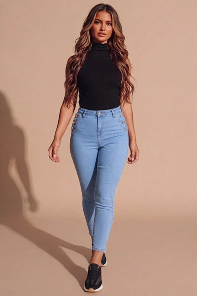 Light Blue Wash High Waisted Button Detail Skinny Jeans- Zenkina