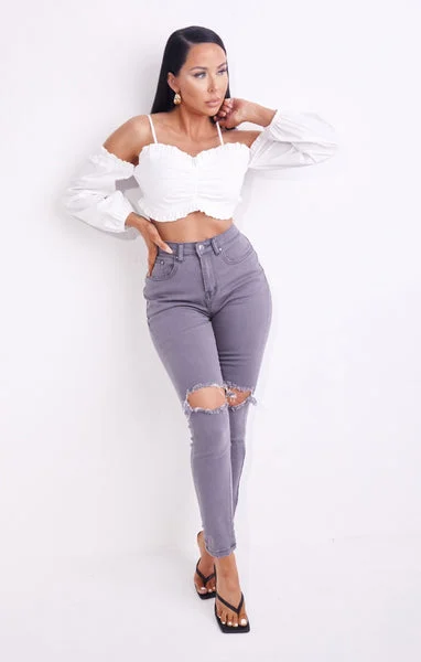 Light Grey High Waisted Ripped Knee Skinny Jeans - Mel