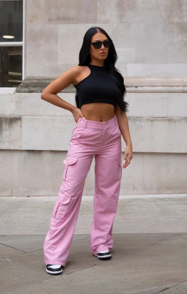 Light Pink Oversized Straight Leg Two Side Pockets Cargo Trousers - Ella