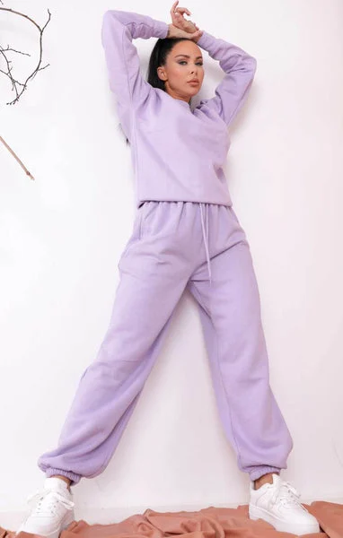 Lilac Oversized Crew Neck Sweatshirt Cuffed Joggers Loungewear Set - Averi