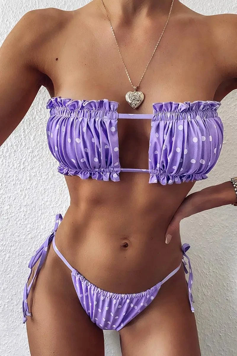 Lilac Polka Dot Print Ruffled Two Piece Swimsuit
