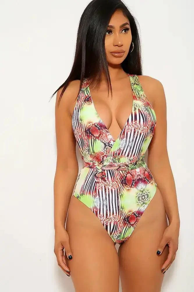 Lime Snake Print V-Cut One Piece Swimsuit