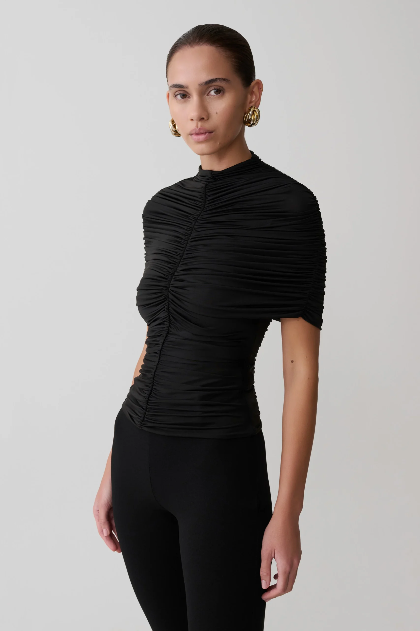 LinhSlinky High Neck Gathered Top - Black