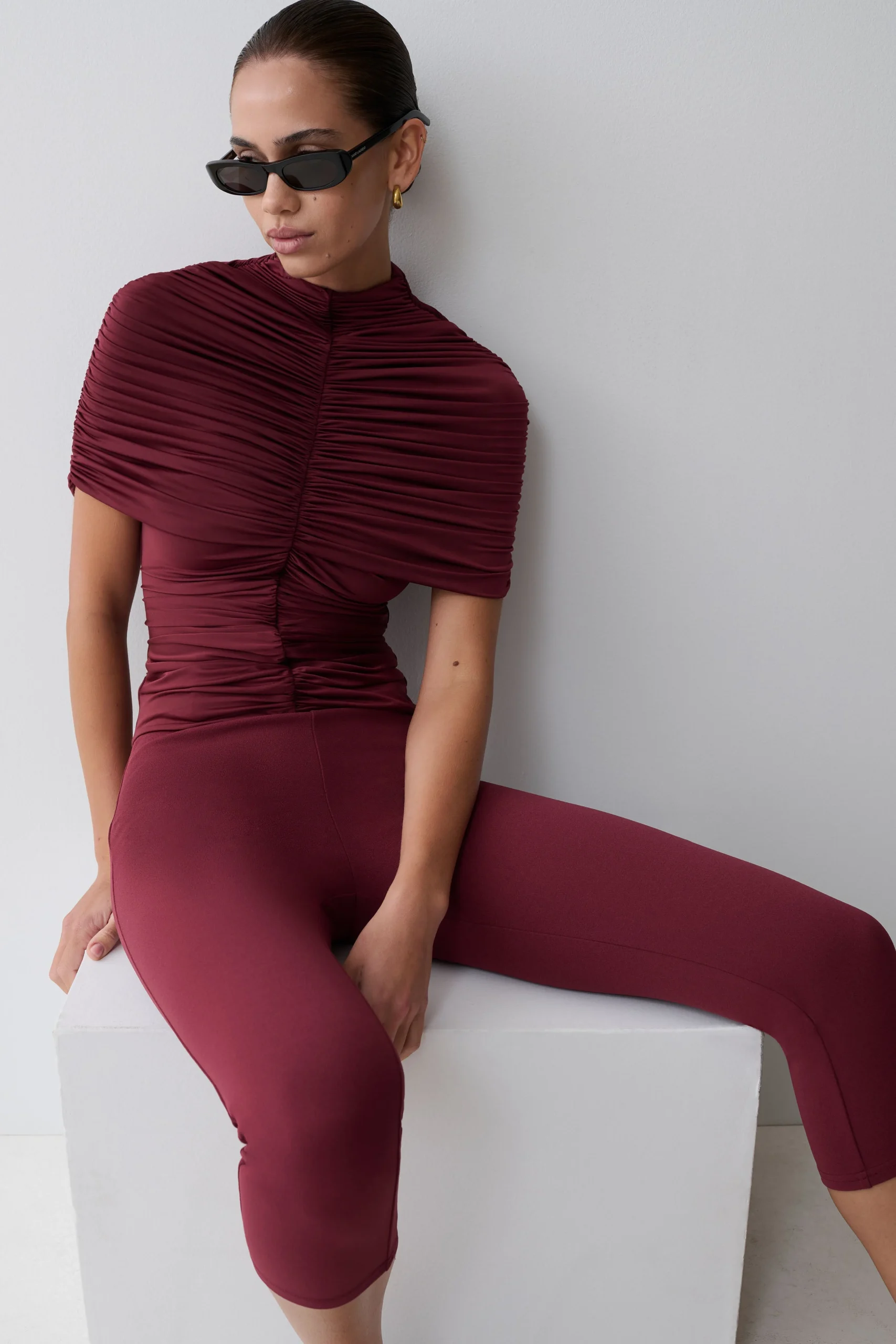 LinhSlinky High Neck Gathered Top - Mahogany