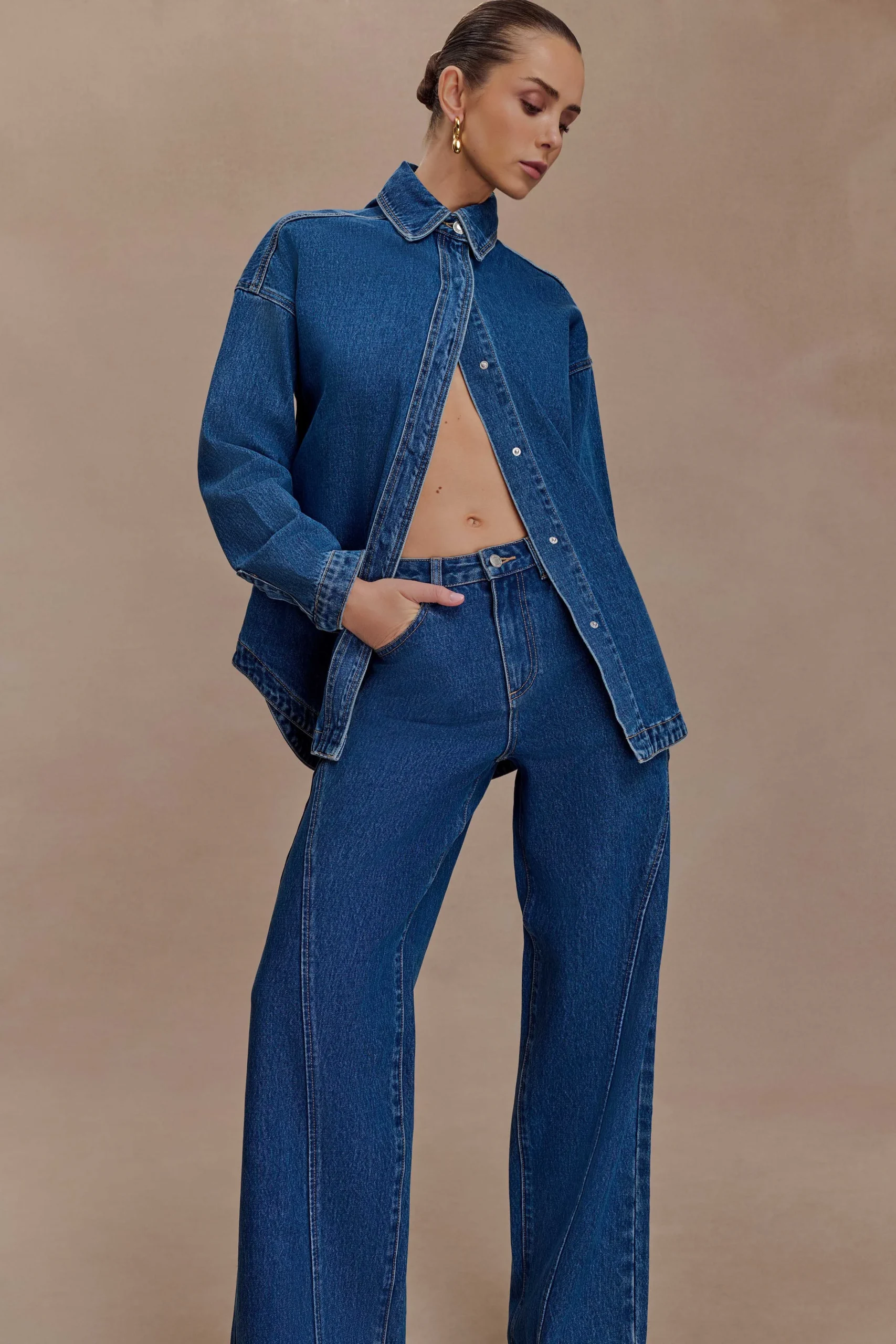 LiodaOversized Denim Shirt - Dark Blue