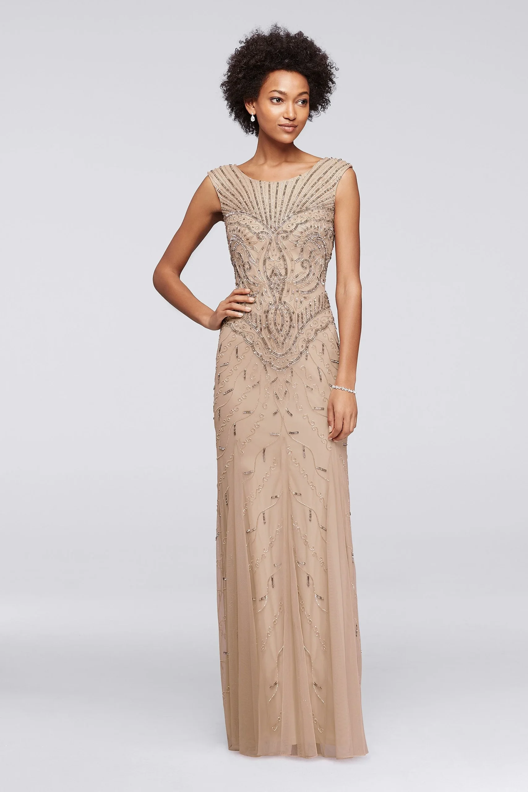 Long Beaded Art Deco Dress with Cap Sleeves