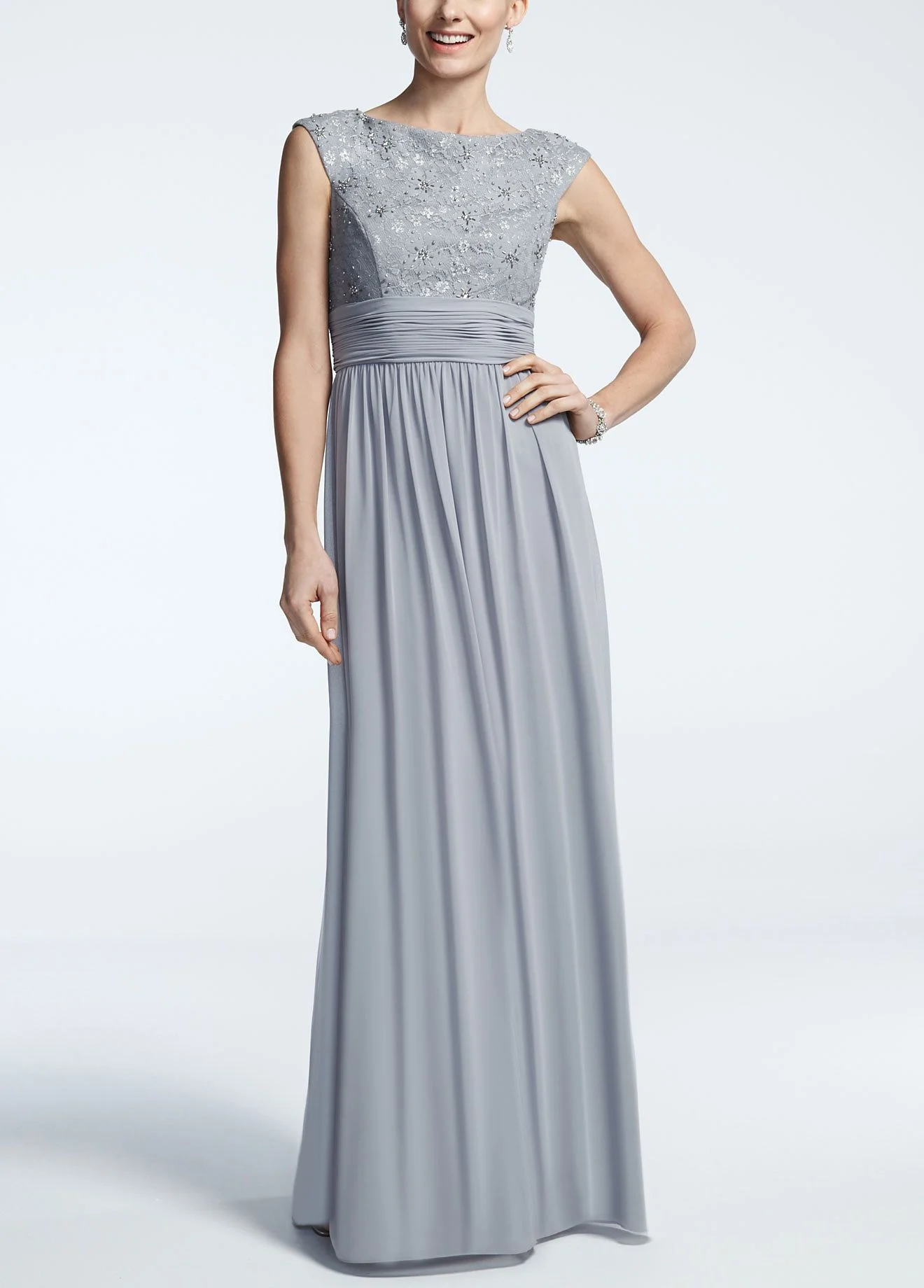 Long Cap Sleeve Dress with Lace Bodice