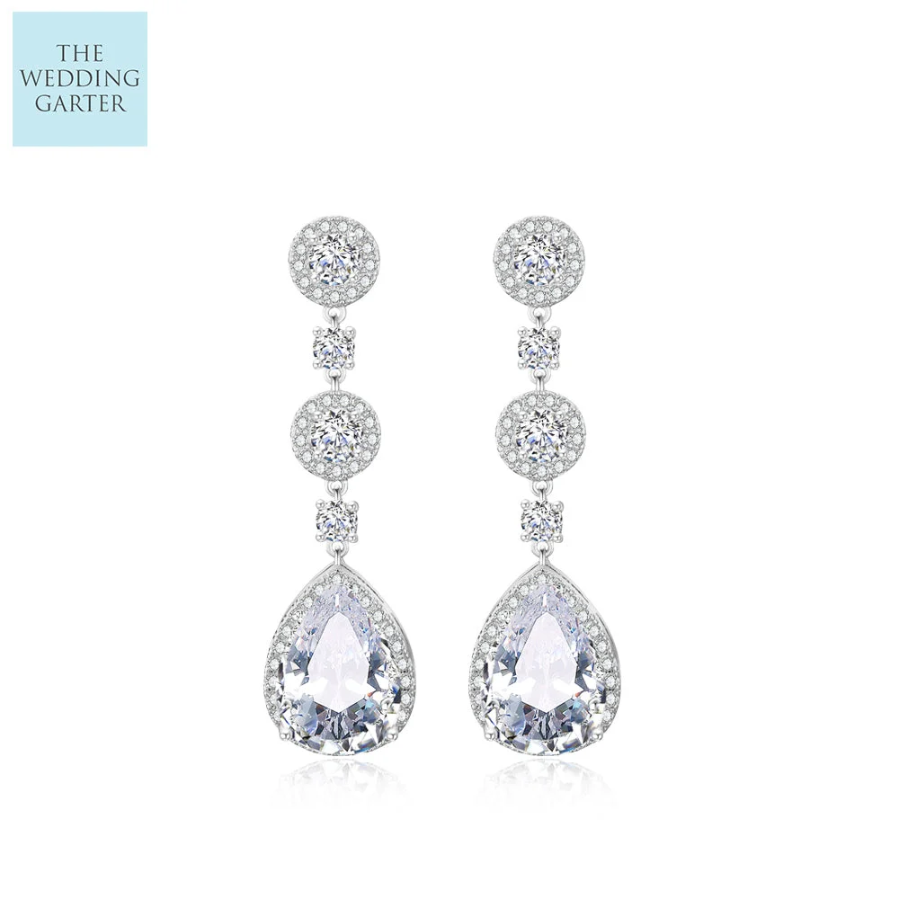 Long Cubic Zirconia Dropper Earrings For Brides
