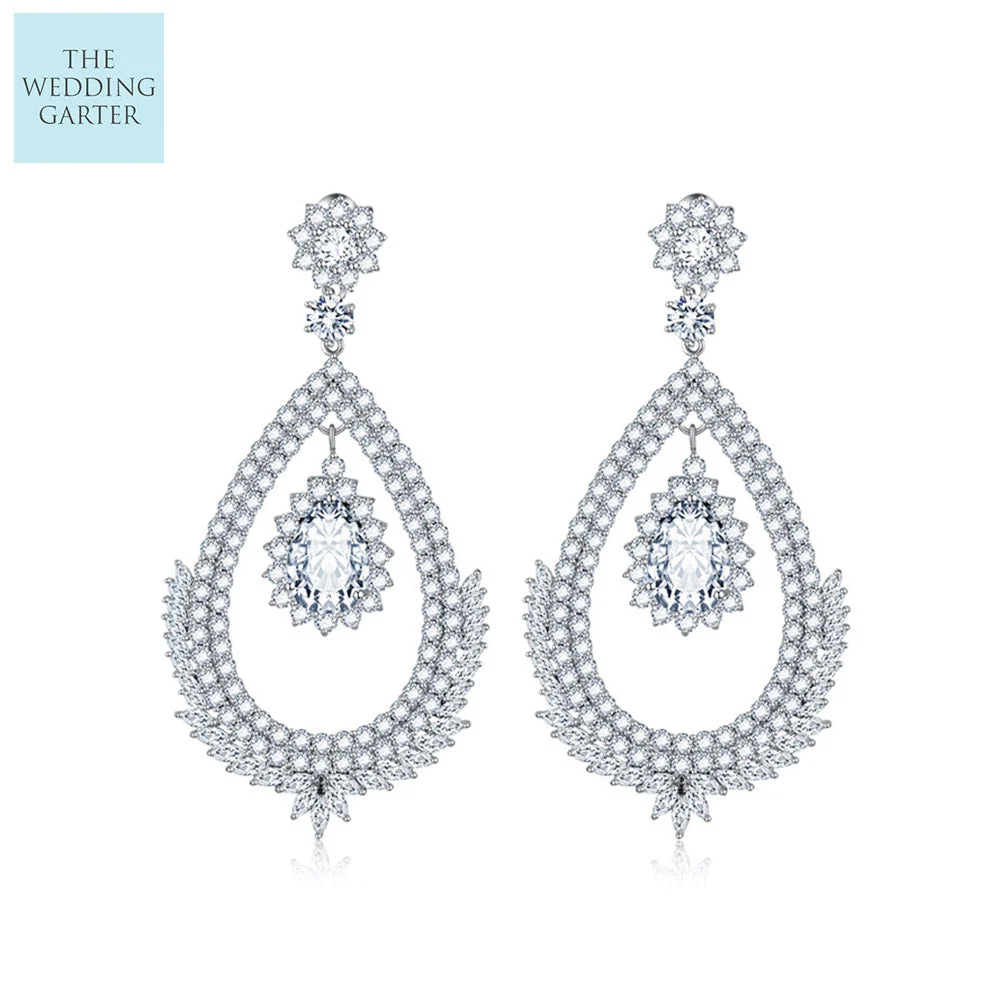 Long Dangle Round CZ Diamond Chandelier Earrings
