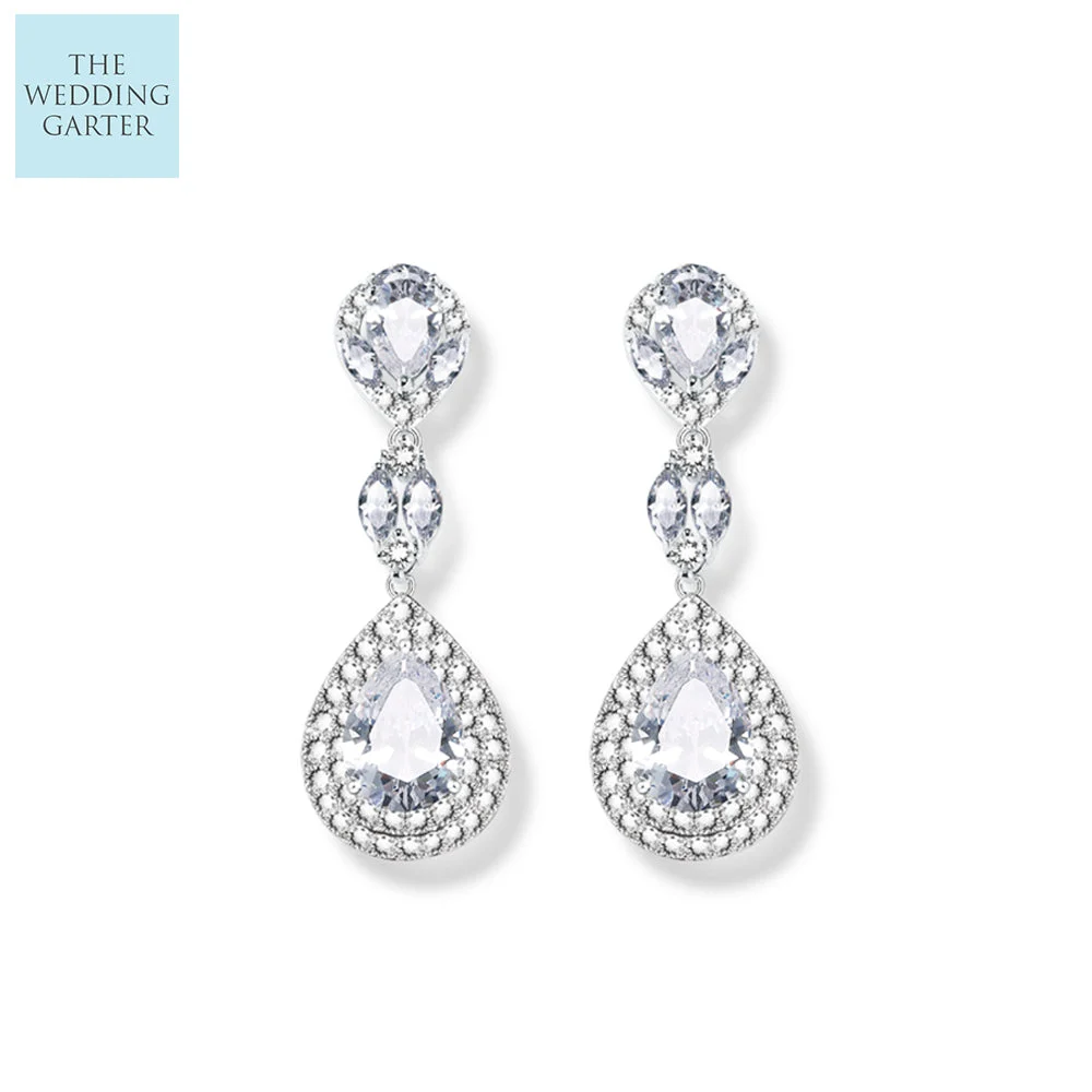 Long Dangle Teardrop Cubic Zirconia Bridal Earrings