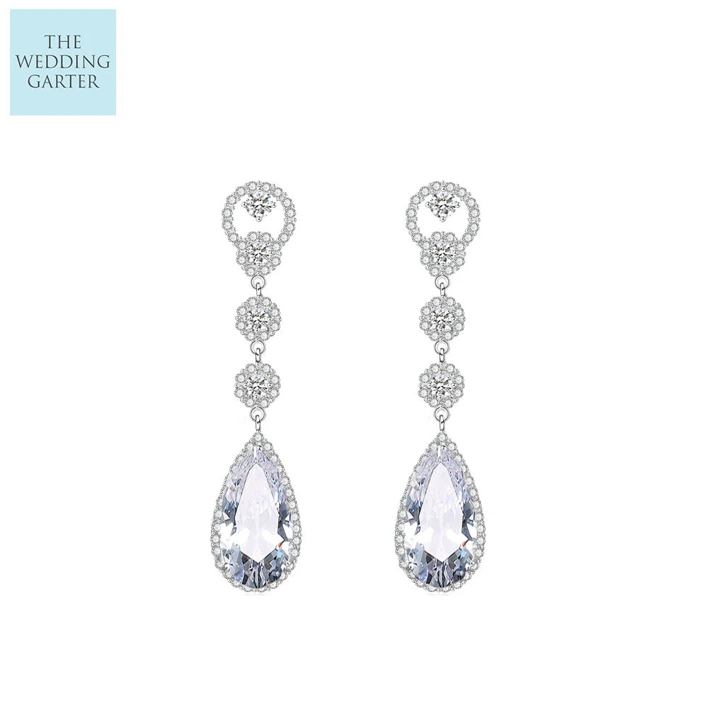 Long Dropper Bridal Earrings With CZ Diamonds