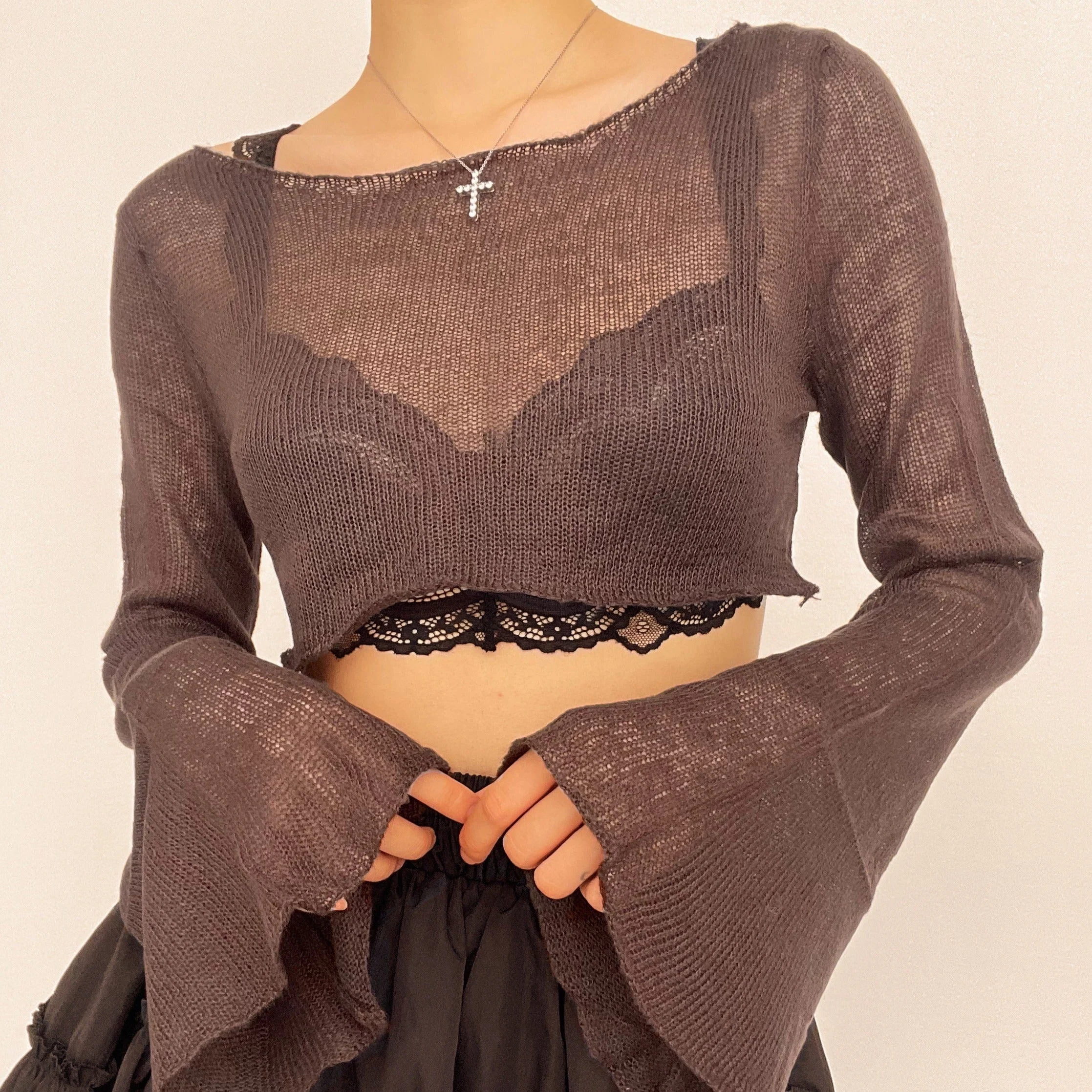 Long flared sleeve boat neck knitted crochet crop top