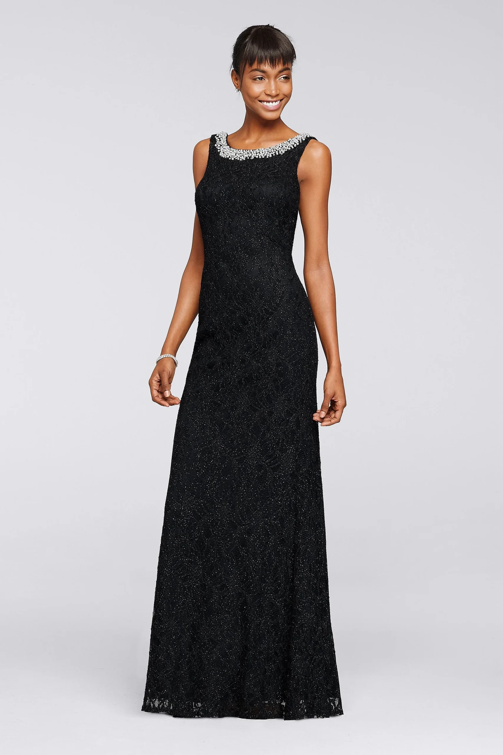 Long Glitter Lace Dress with Beaded Neckline