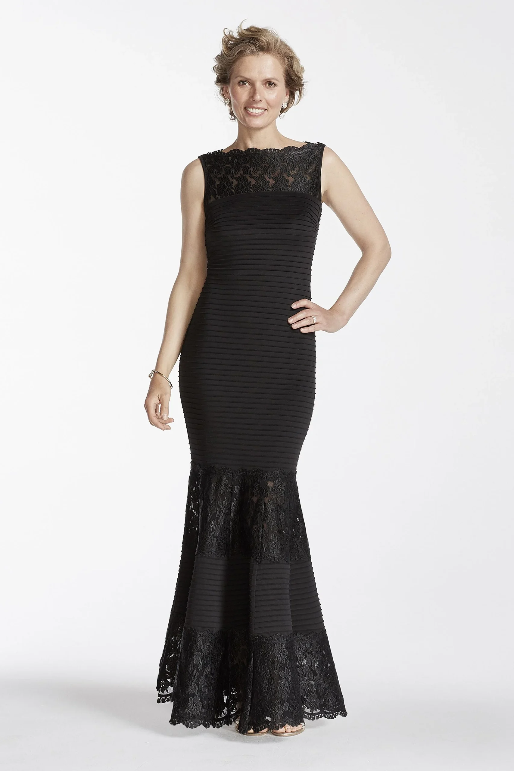 Long Knit Trumpet Gown with Lace Neckline