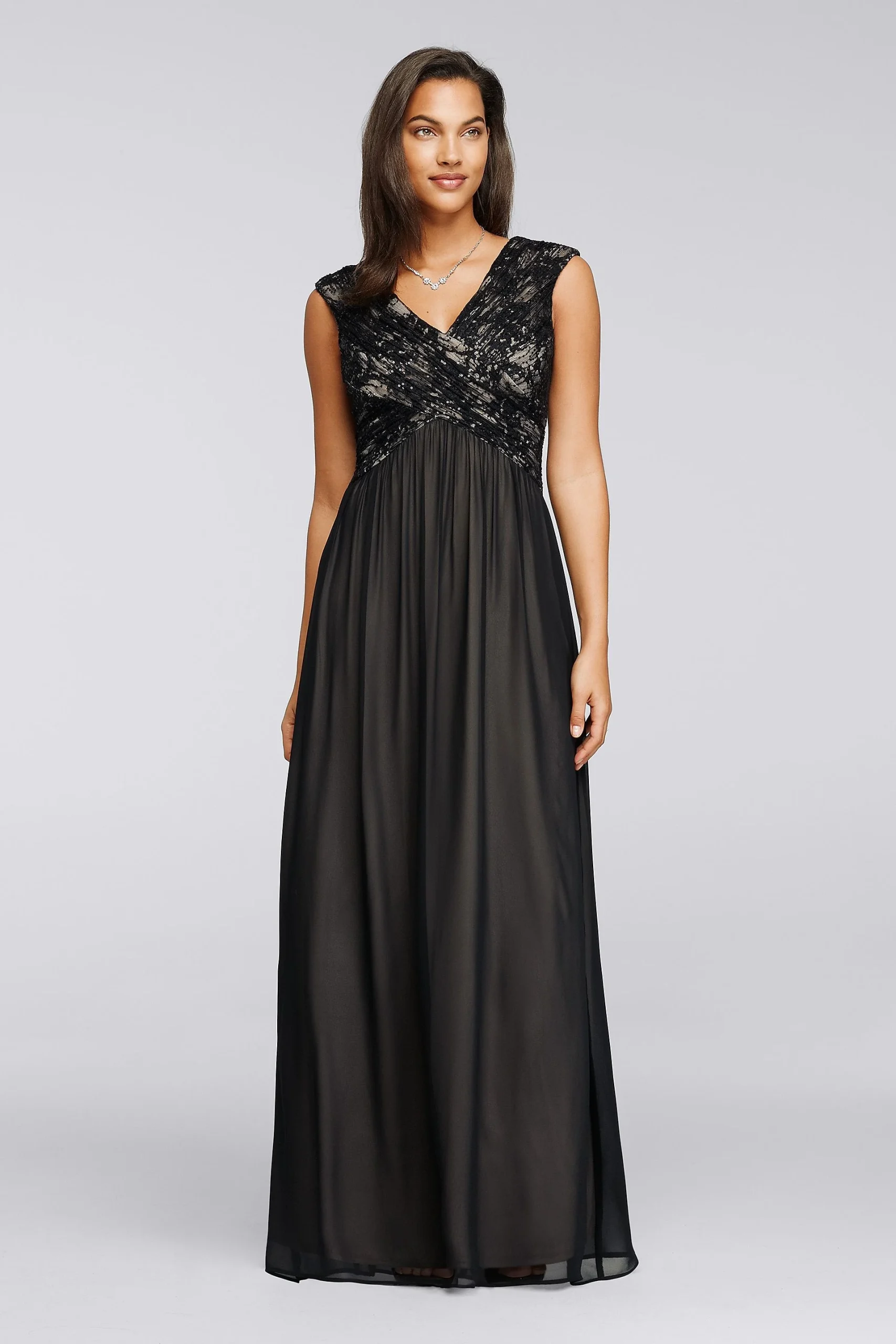 Long Lace Gown with Embellished Sequin Bodice