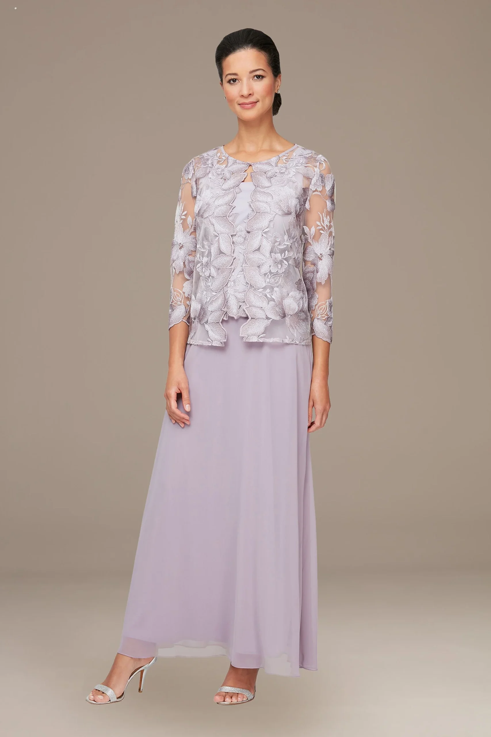 Long Lace A-Line Dress with Illusion Jacket