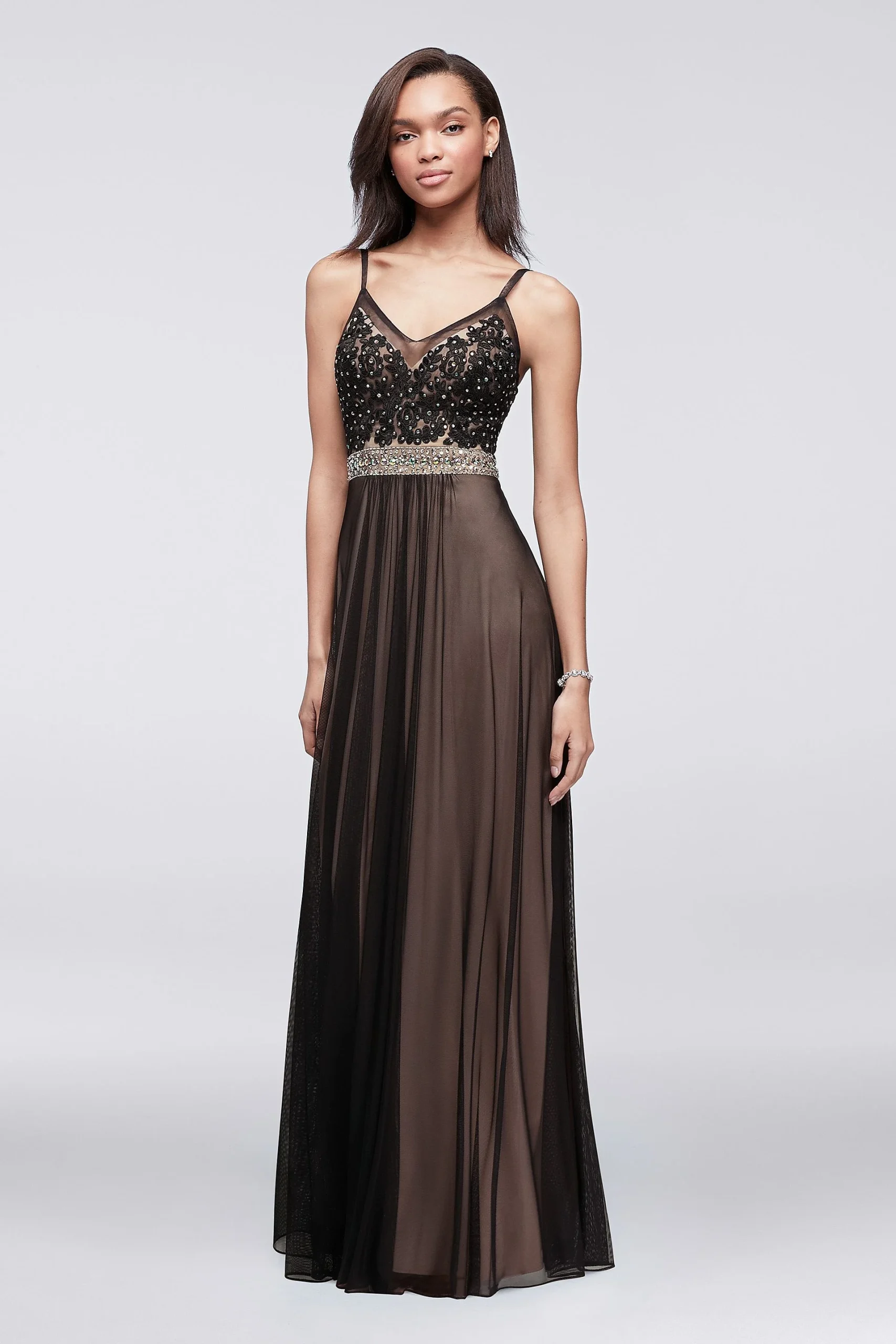 Long Lace and Mesh Dress with Beaded Waistband